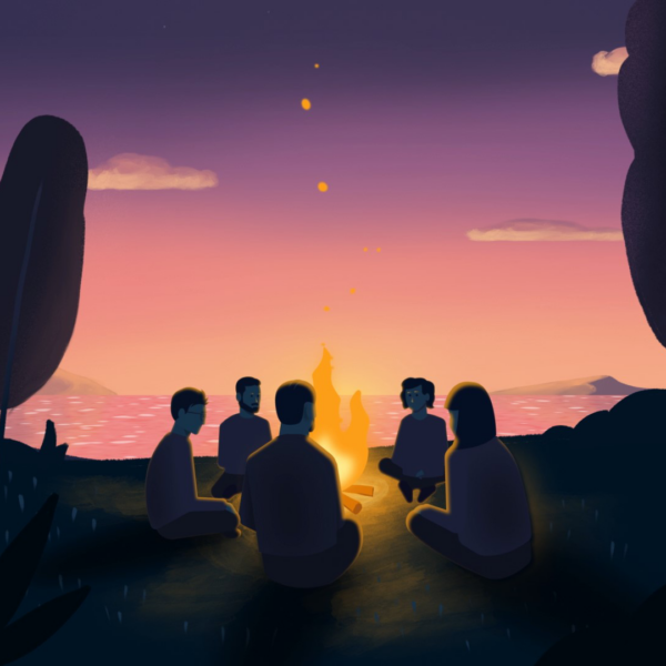 Jongeren rond een kampvuur bij zonsondergang, uit de animatie voor de Campfire-app van Yes We Can Clinics